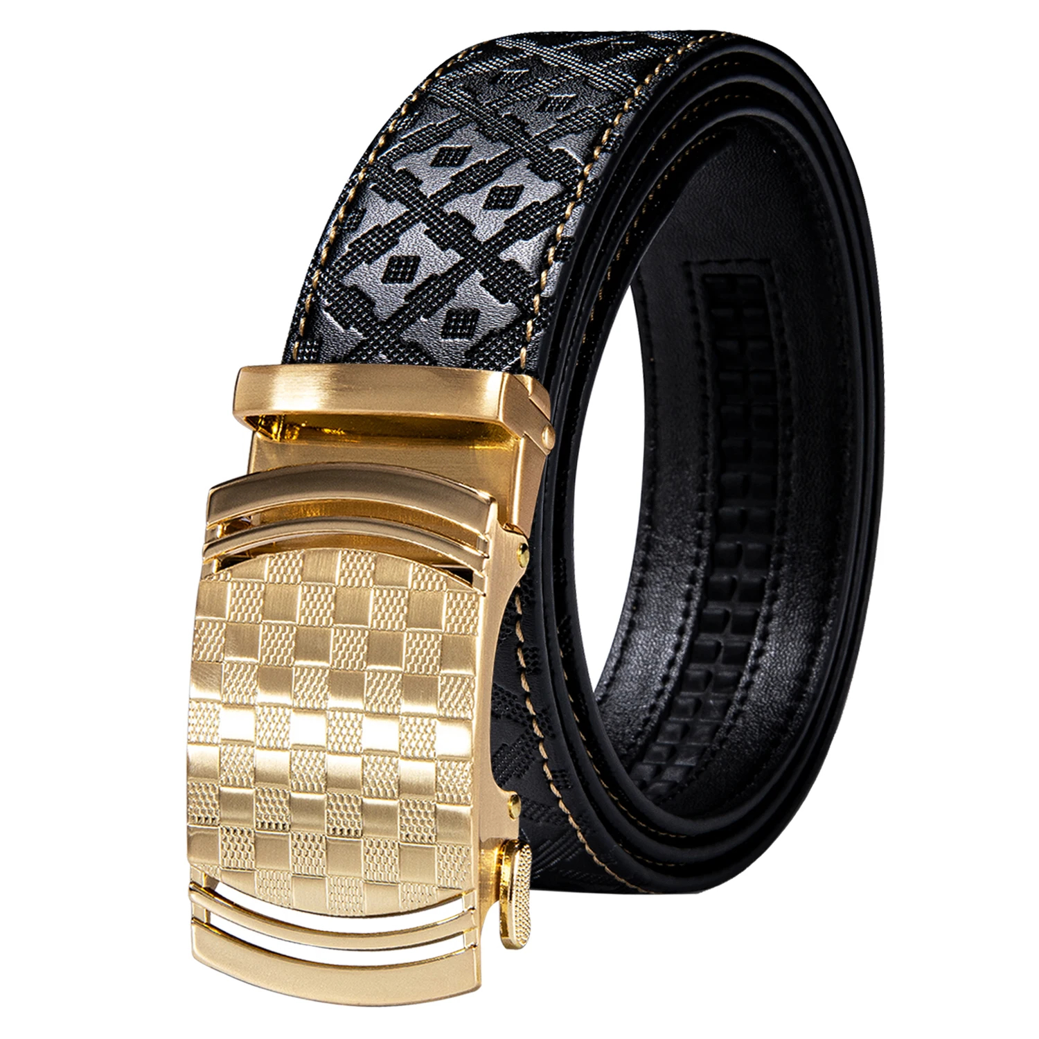 gold automatic ratchet buckle belt with black patterned leather strap for men