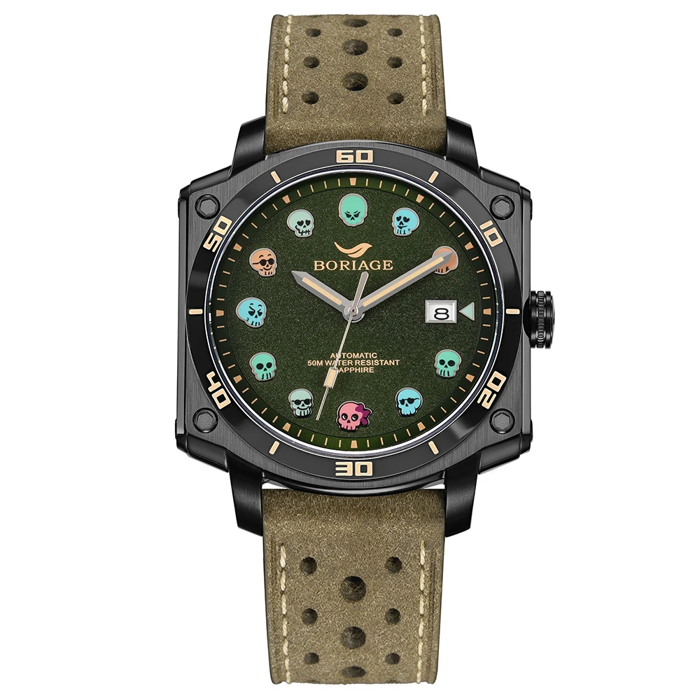 boriage skull dial automatic mens watch green military design sapphire crystal