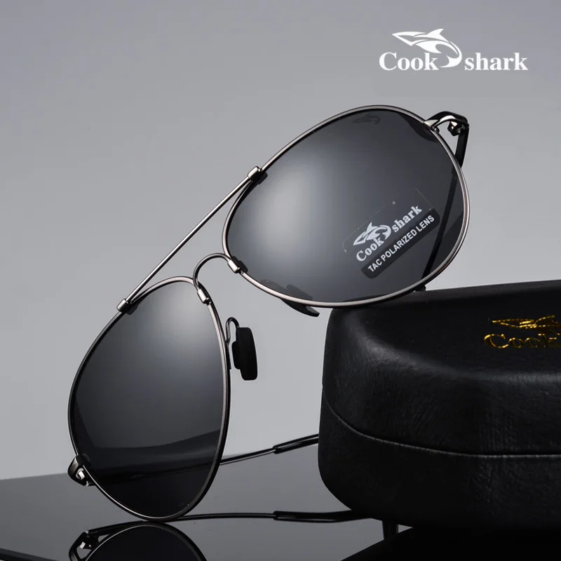 Cook Shark A620 Pilot style men's sunglasses with photochromic polarized lenses and alloy metal frame.