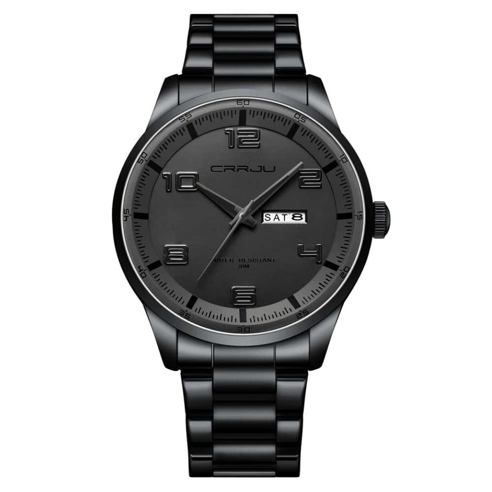 Black stainless steel men's watch with date and day display, water-resistant up to 30M.