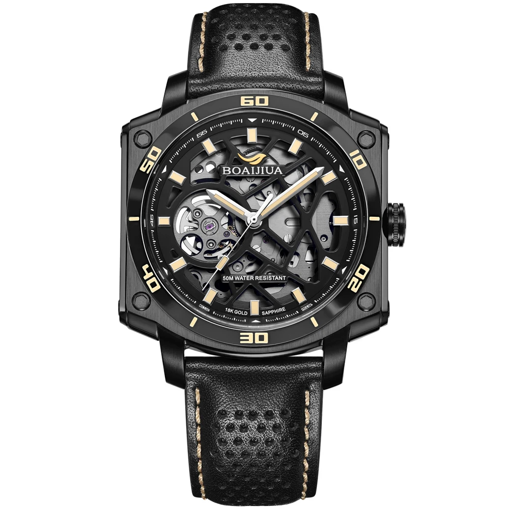 boajiua b8006g mechanical watch skeleton dial 316l steel sapphire crystal