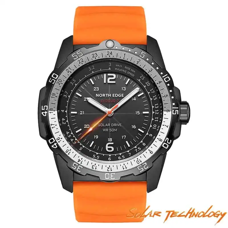 North Edge EVOQUE 2 solar military watch with orange strap and black dial.