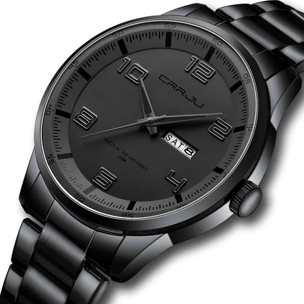 High-quality men's black wristwatch with date display and water resistance.
