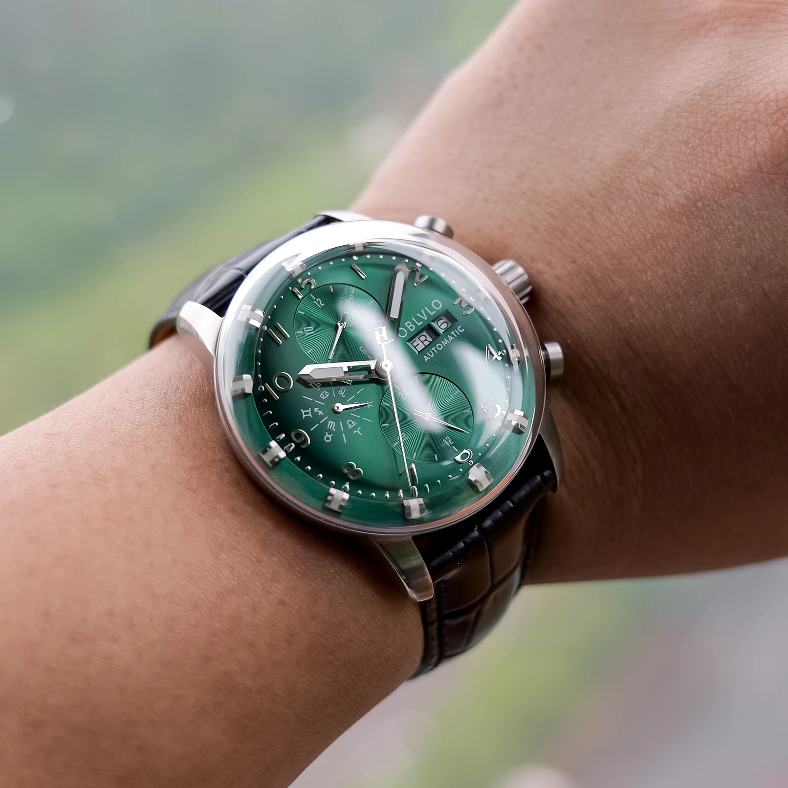 OBLVLO Men's Green Dial Multi-Functional Mechanical Watch Automatic Sapphire Crystal Casual Calendar Leather Strap Rejos IM-MUT