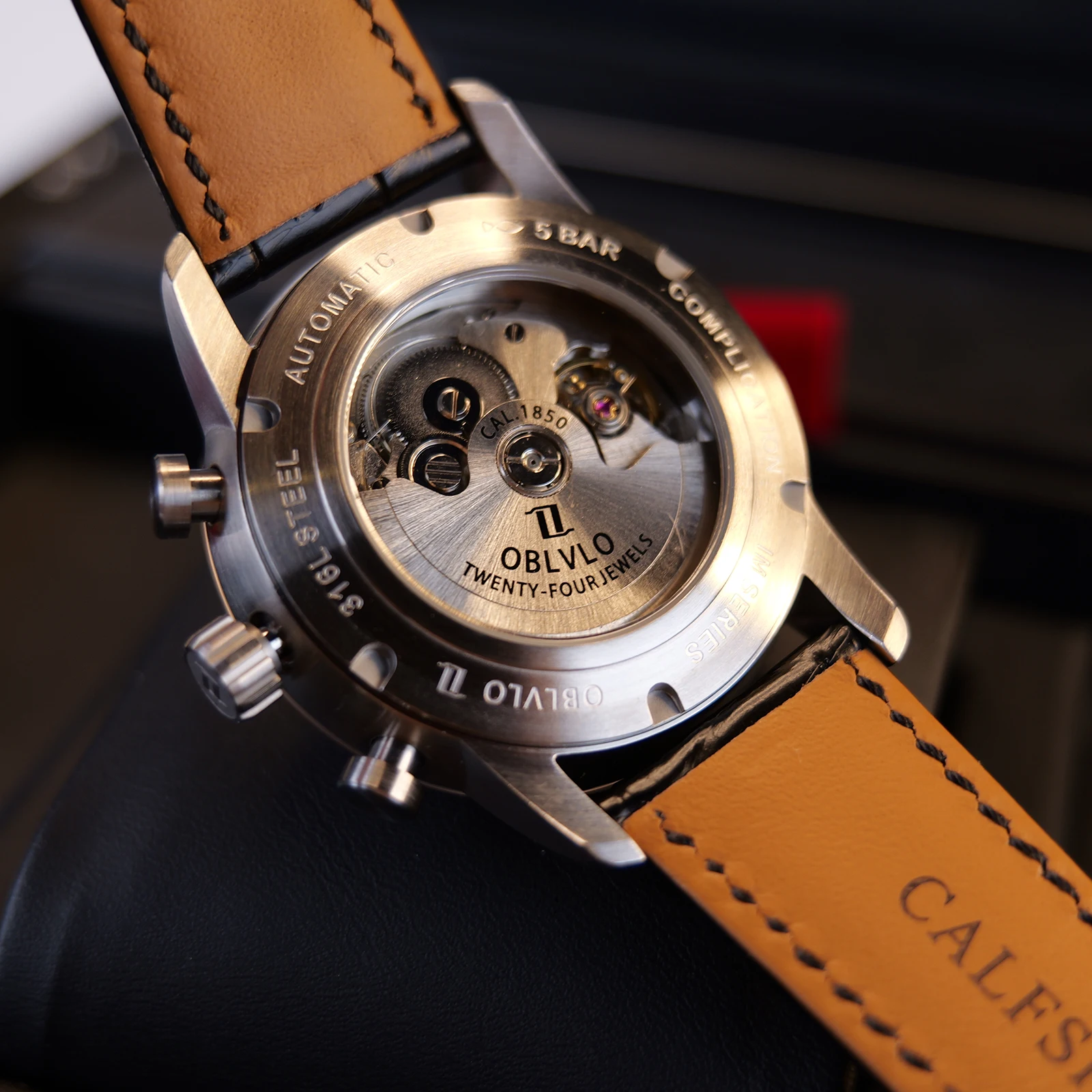 OBLVLO Men's Green Dial Multi-Functional Mechanical Watch Automatic Sapphire Crystal Casual Calendar Leather Strap Rejos IM-MUT