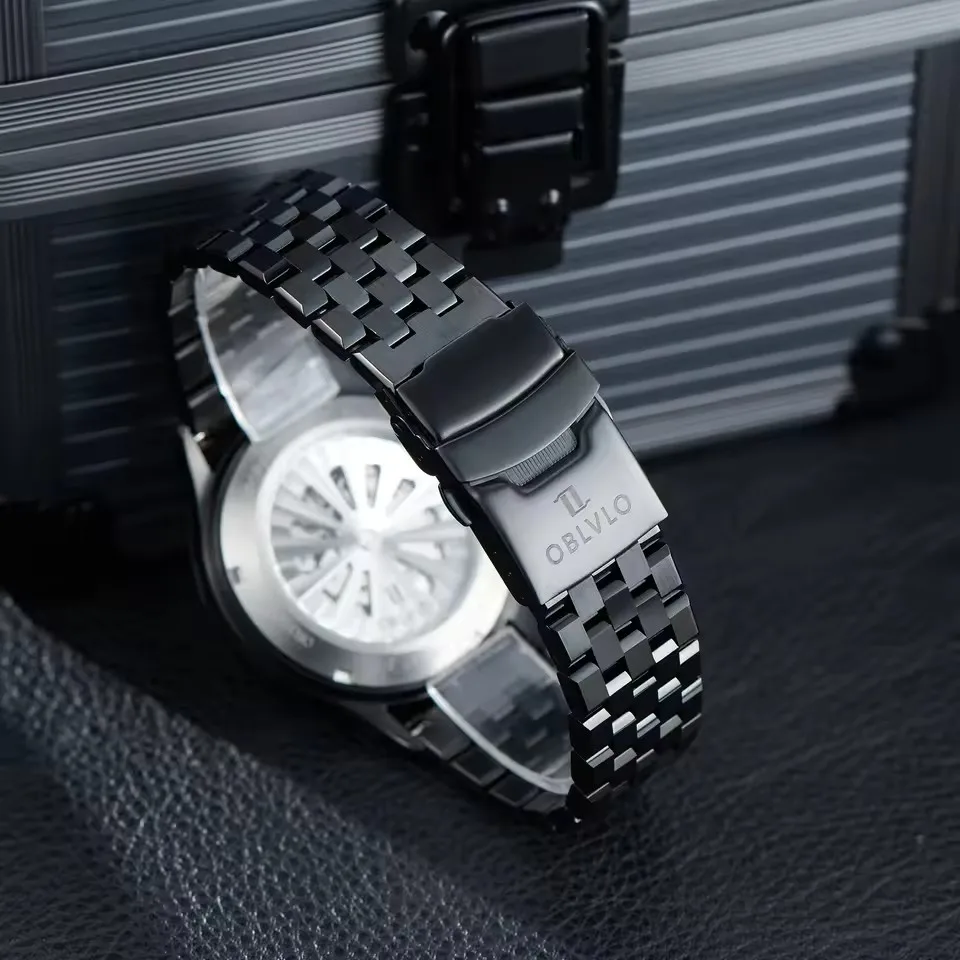 OBLVLO Men Automatic Watch 41MM Mechanical Wristwatch Luminous 50M Waterproof Sapphire Unique Rotatable Dial