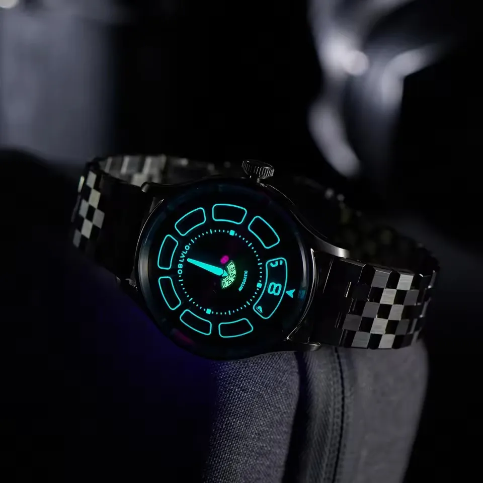 OBLVLO Men Automatic Watch 41MM Mechanical Wristwatch Luminous 50M Waterproof Sapphire Unique Rotatable Dial
