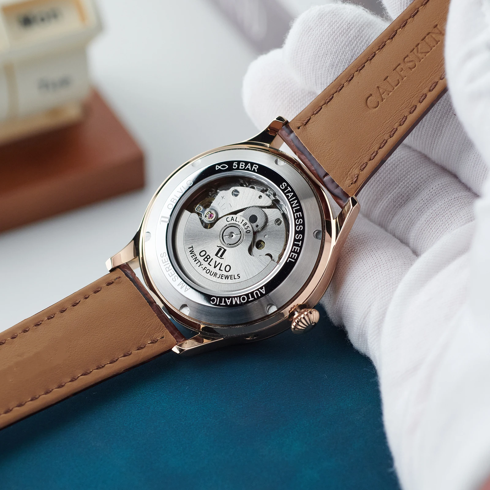 OBLVLO Luxury Men's Mechanical Watch 24-Hour Date Calendar Multifunctional Leather Automatic Wristwatch Fashionable Watch AM-PW