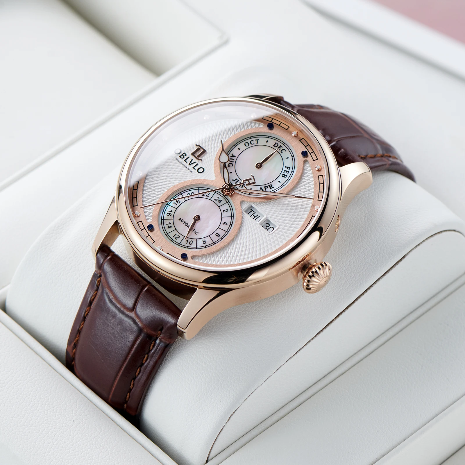 OBLVLO Luxury Men's Mechanical Watch 24-Hour Date Calendar Multifunctional Leather Automatic Wristwatch Fashionable Watch AM-PW