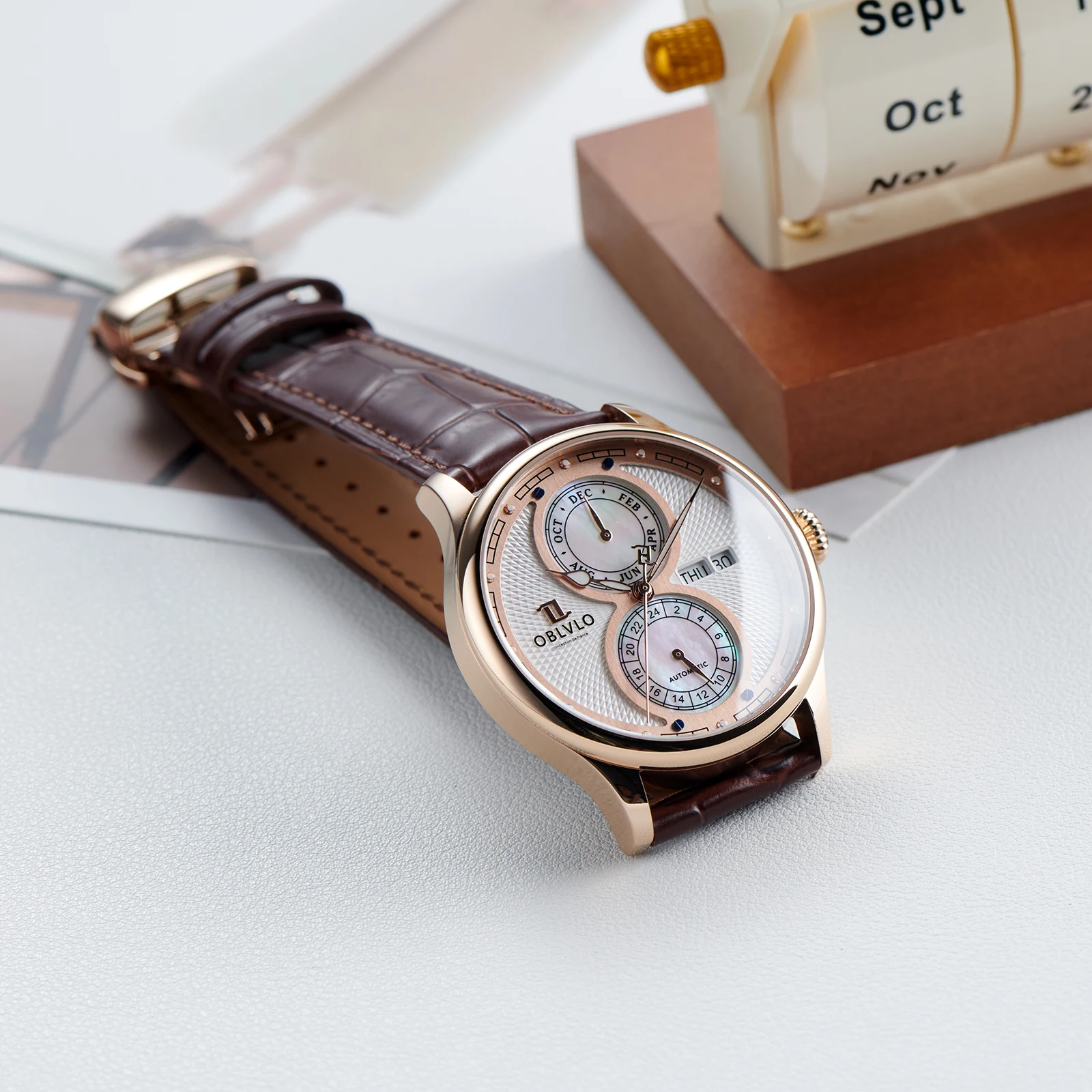 OBLVLO Luxury Men's Mechanical Watch 24-Hour Date Calendar Multifunctional Leather Automatic Wristwatch Fashionable Watch AM-PW