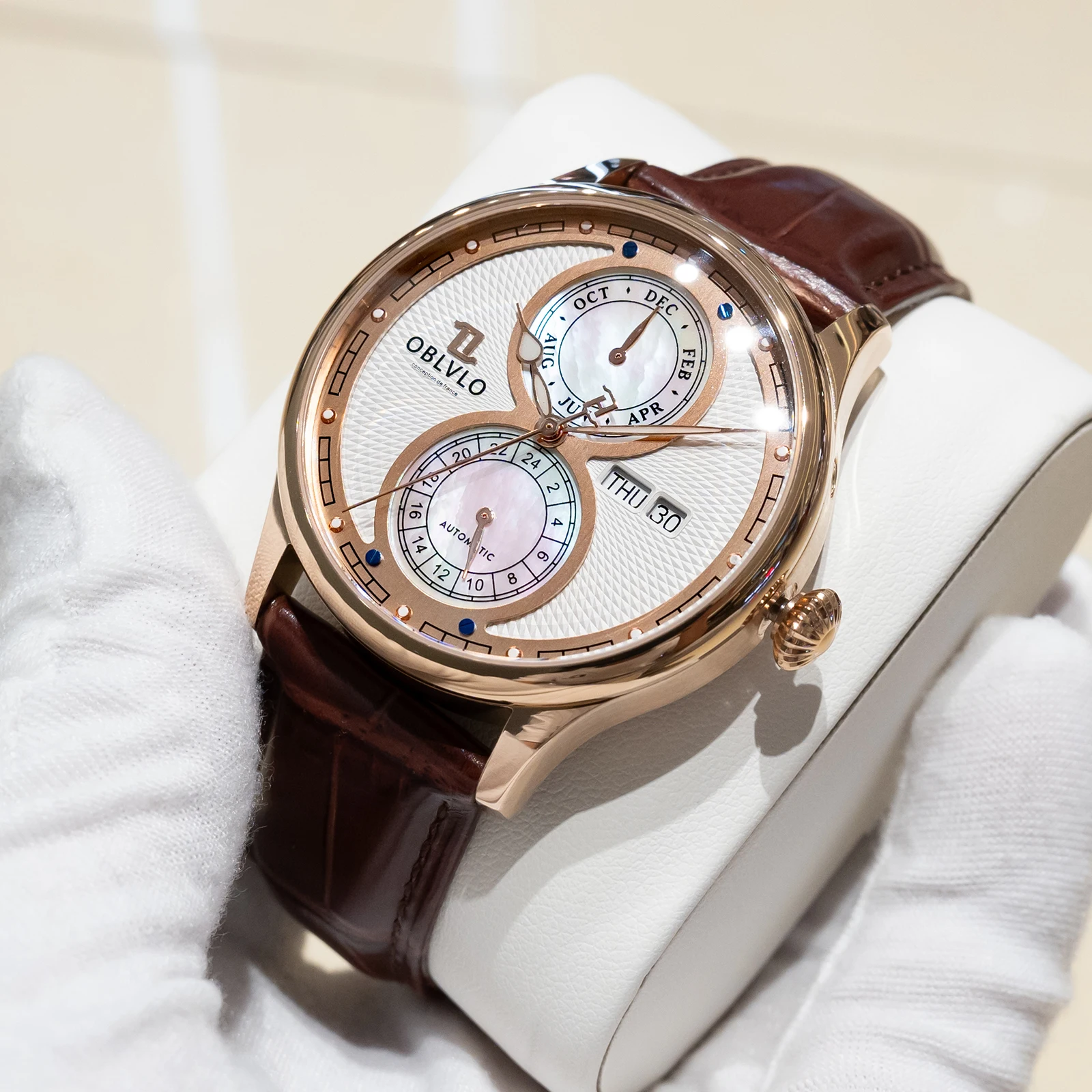 OBLVLO Classic Dual Calendar automatic watch with leather strap