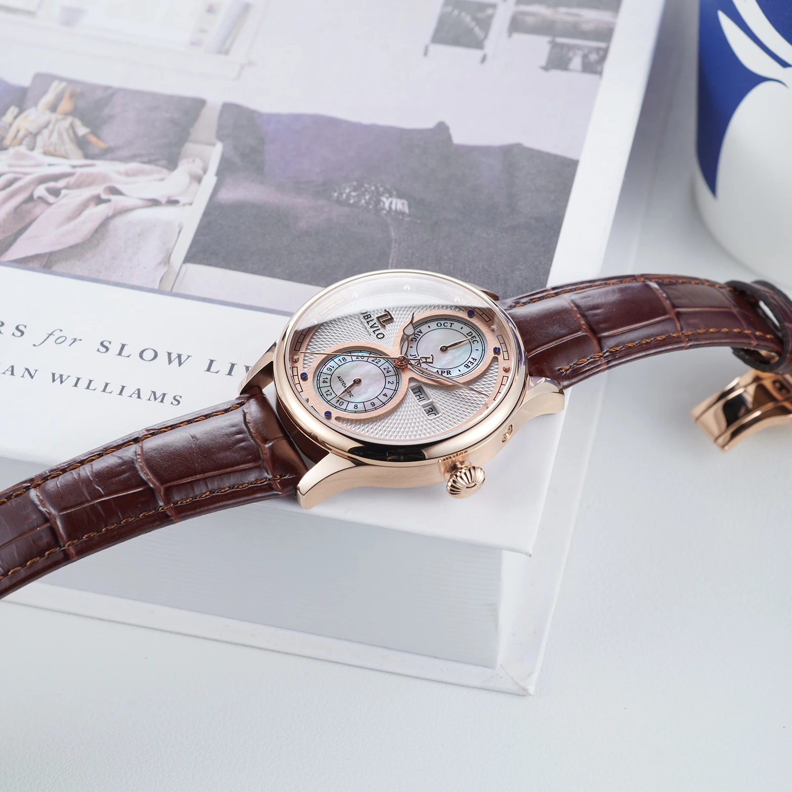 OBLVLO Luxury Men's Mechanical Watch 24-Hour Date Calendar Multifunctional Leather Automatic Wristwatch Fashionable Watch AM-PW