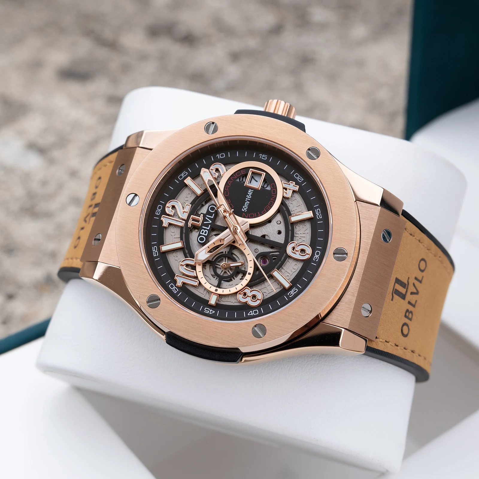 OBLVLO Men's Fashion Rose Gold 44mm Hollow-out Automatic Watch Waterproof Brown Leather Strap Mechanical Clock with Date HM-GT