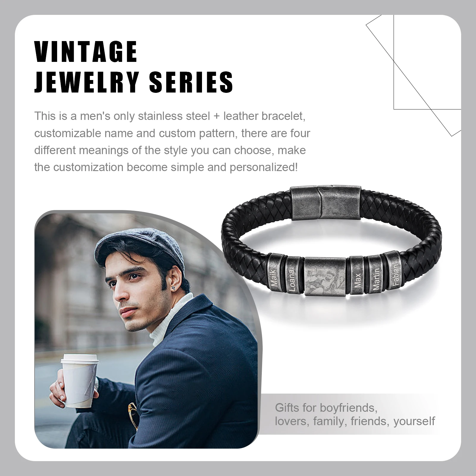 Vintage Personalized Mens Leather Bracelet with 2-5 Names Custom Photo Bracelets for Men Dad Fathes Day Gift for Grandpa