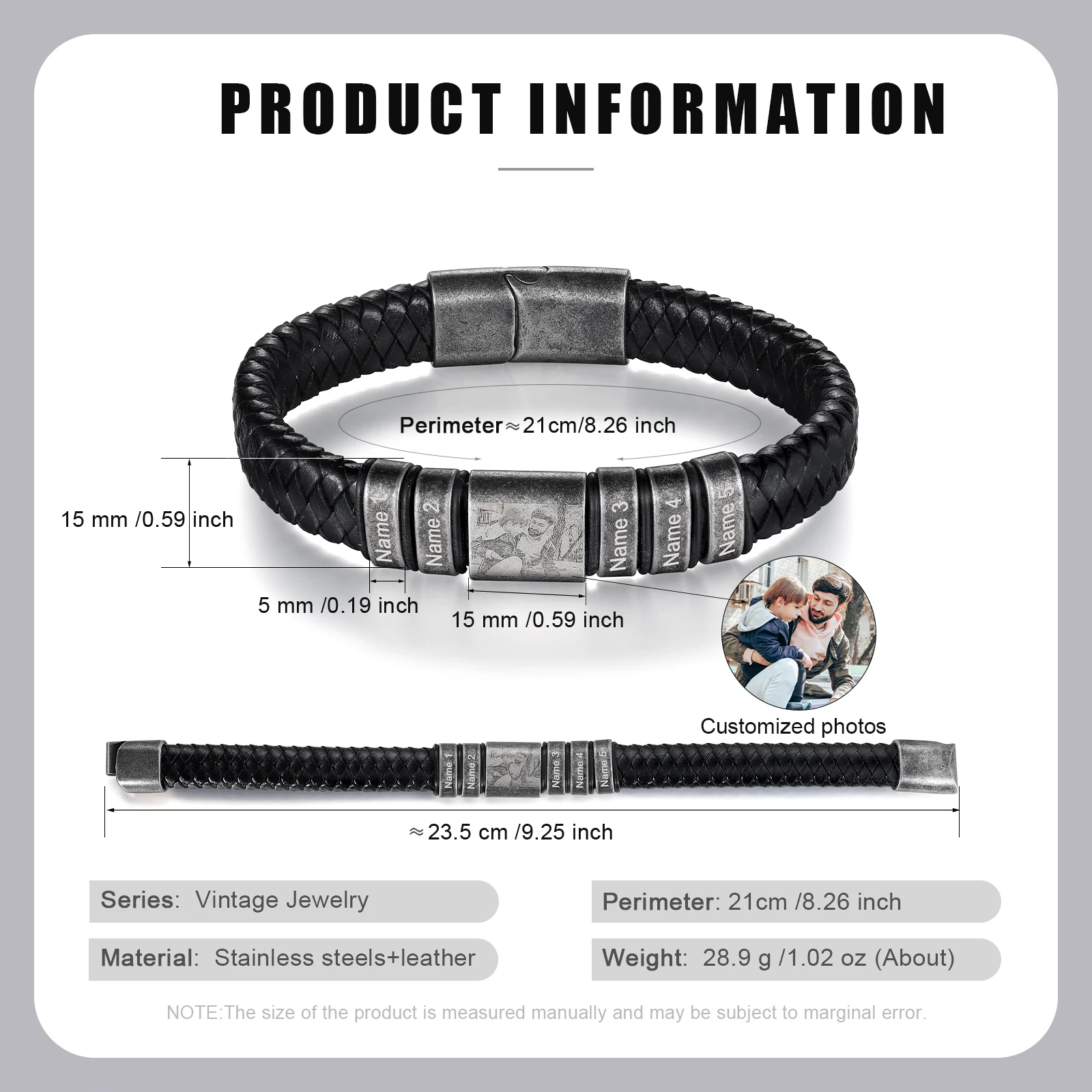 Vintage Personalized Mens Leather Bracelet with 2-5 Names Custom Photo Bracelets for Men Dad Fathes Day Gift for Grandpa