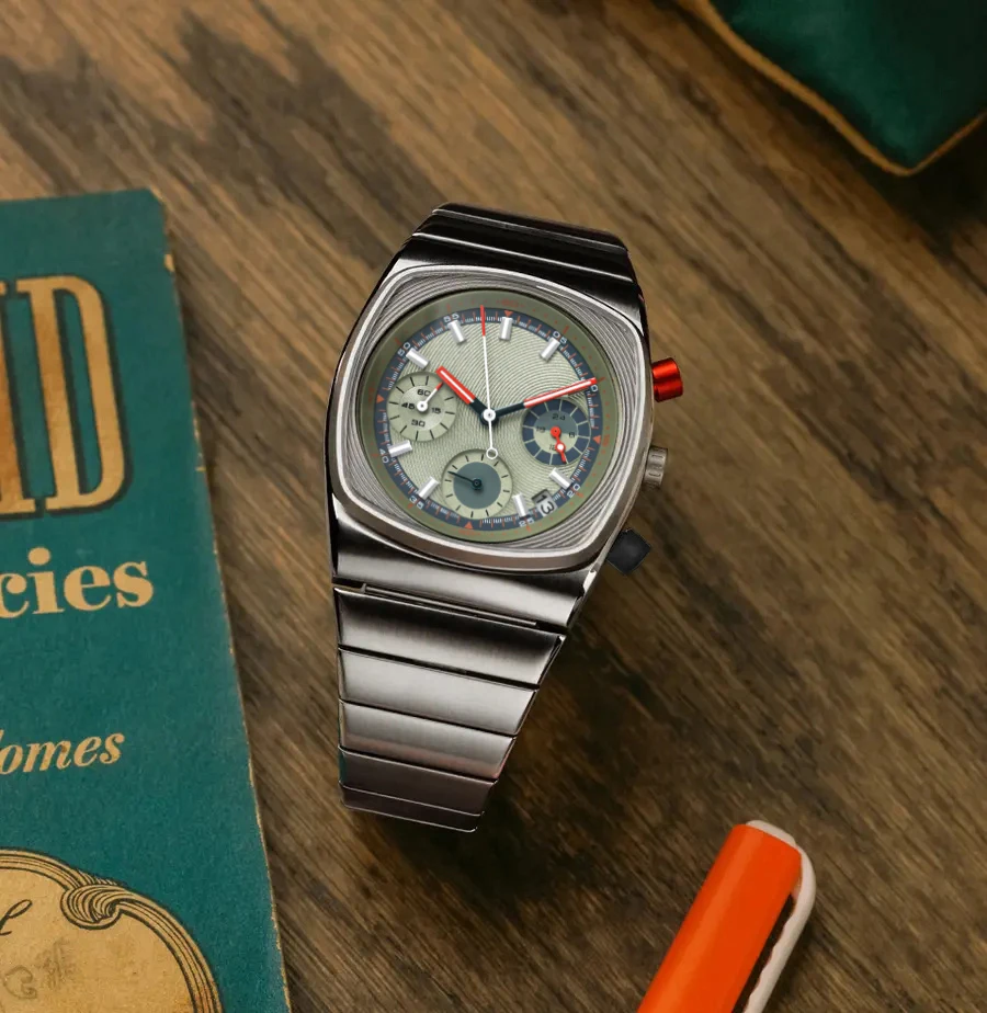 CILOA Tank Retro Chronograph Watch with olive dial and steel bracelet