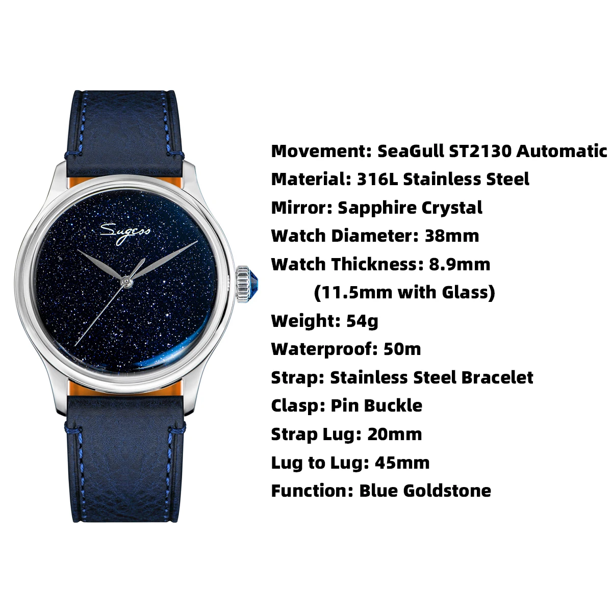 Sugess 38mm Automatic Mechanical Men Watch Blue GoldStone Dial Origin ST2130 Movement Sapphire Crystal Simple Skeleton Case New