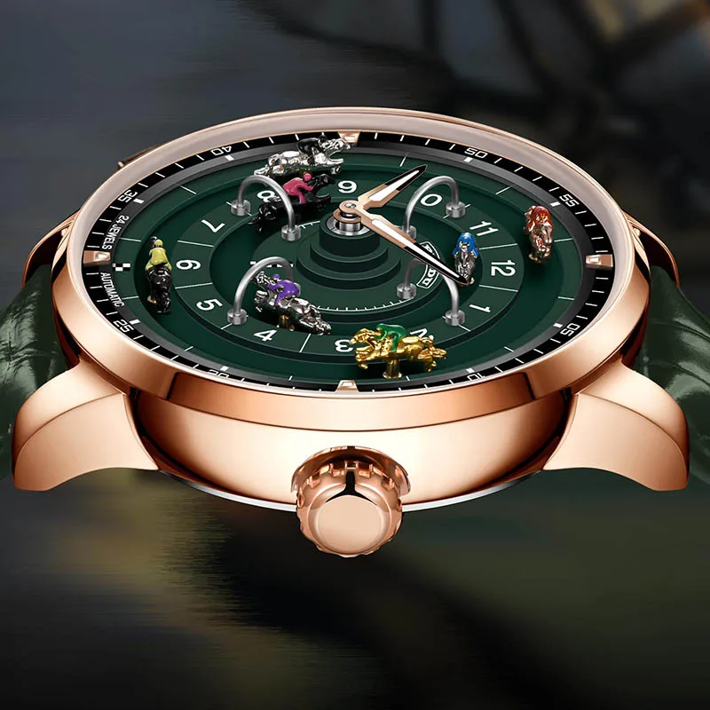 PINDU New Original Design Competitive Horse Racing Watches NH35A Sapphire Stainless Steel Luminous Leather Mechanical Watch Men