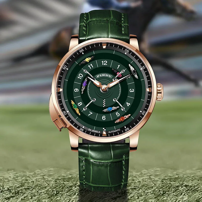PINDU New Original Design Competitive Horse Racing Watches NH35A Sapphire Stainless Steel Luminous Leather Mechanical Watch Men