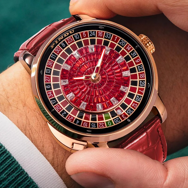 PINDU Design 2025 Men Automatic Watch Button Rotating wood grain dial Mechanical Watch Men Stainless Steel Waterproof Watch NH35