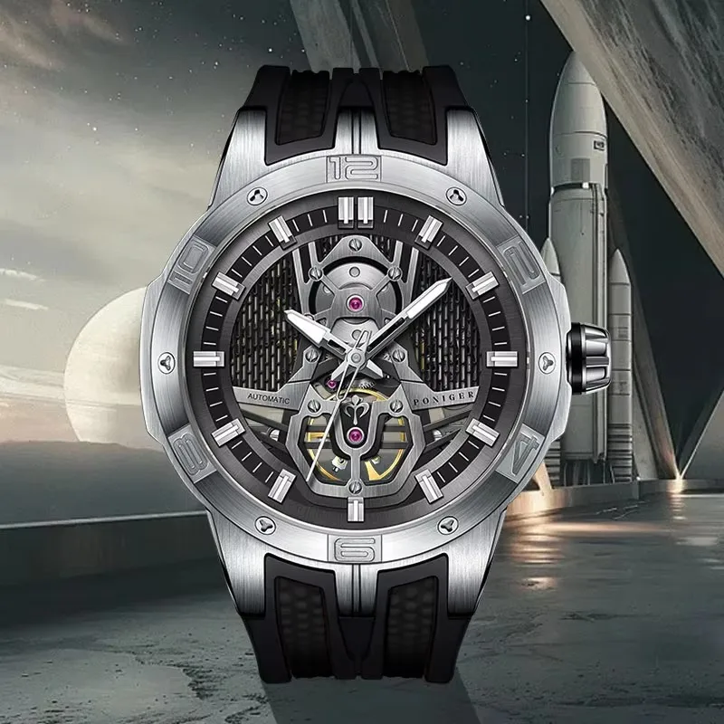 PONIGER top brand aerospace rocket automatic mechanical men's watch casual fashion sports sapphire glass stainless steel watch