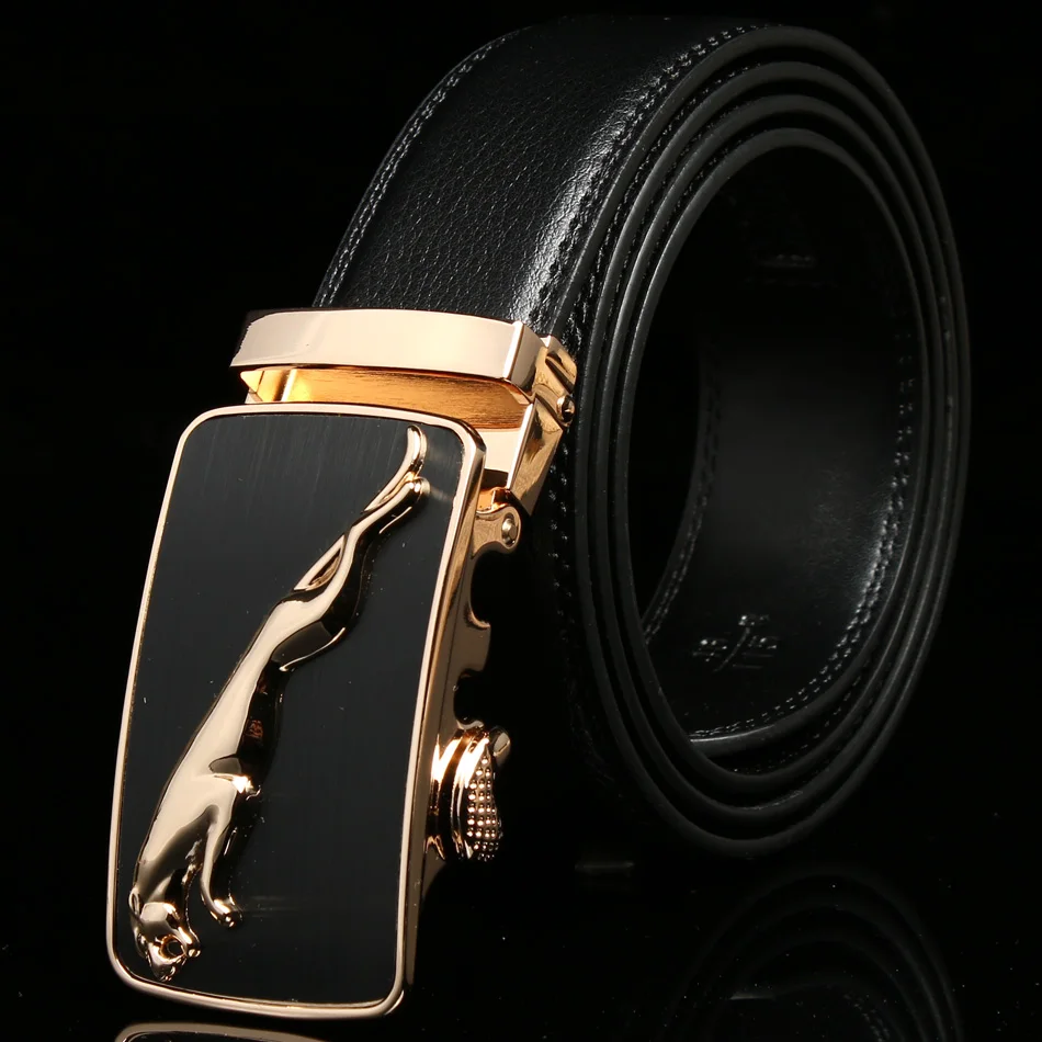 Mens jaguar leather belt with gold automatic buckle