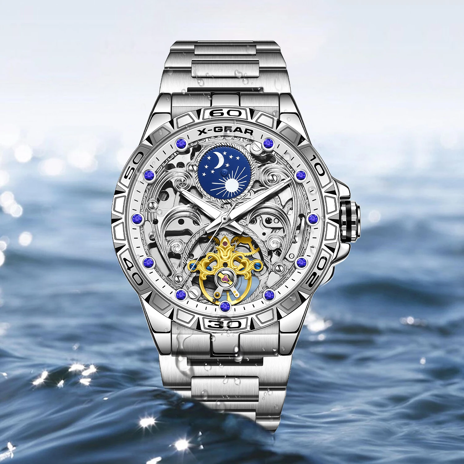 X-GEAR Automatic Movement Mechanical Watches Starry Sky Moon Phase Luminous Waterproof Stainless Steel Mechanical Watch for Men