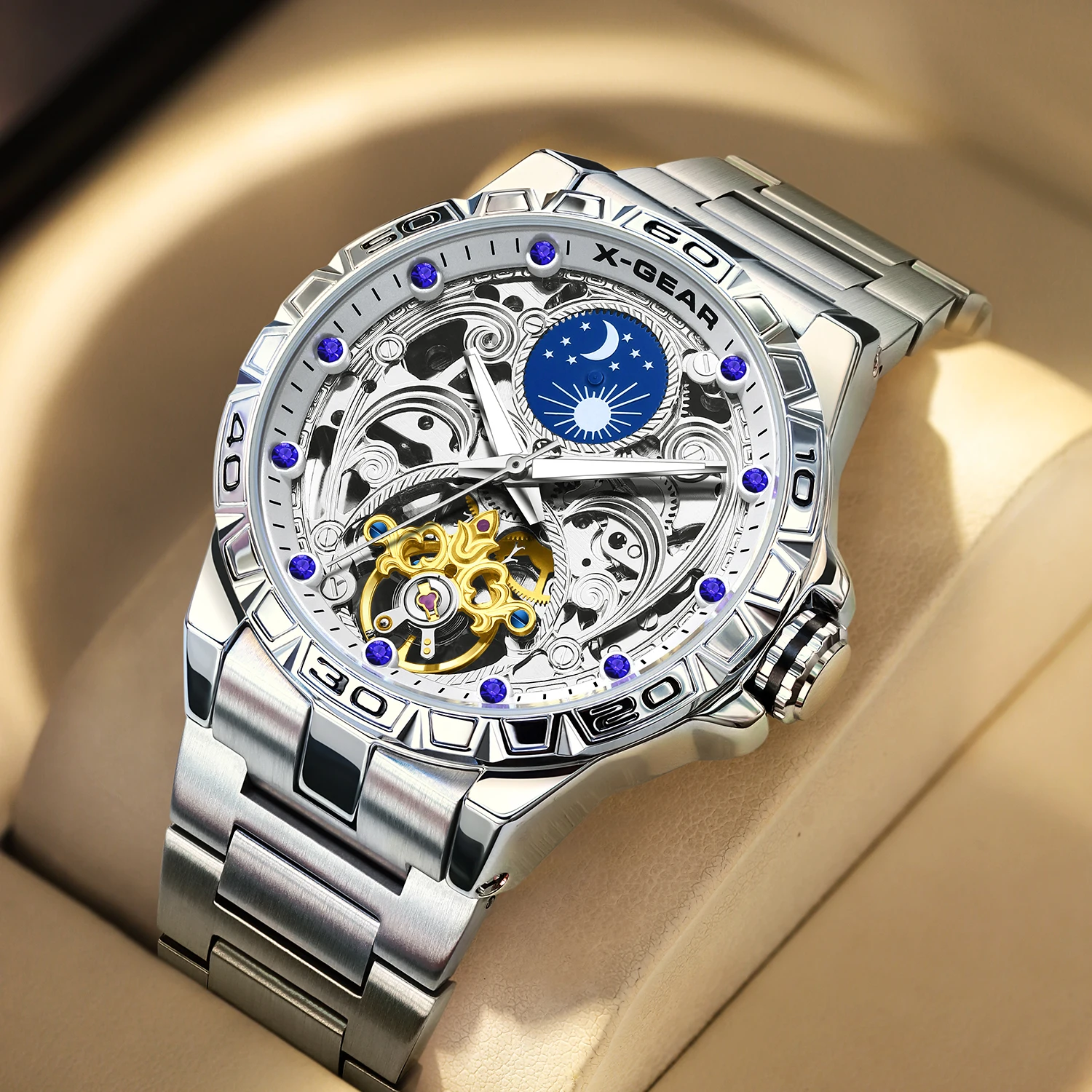 X-GEAR Automatic Movement Mechanical Watches Starry Sky Moon Phase Luminous Waterproof Stainless Steel Mechanical Watch for Men