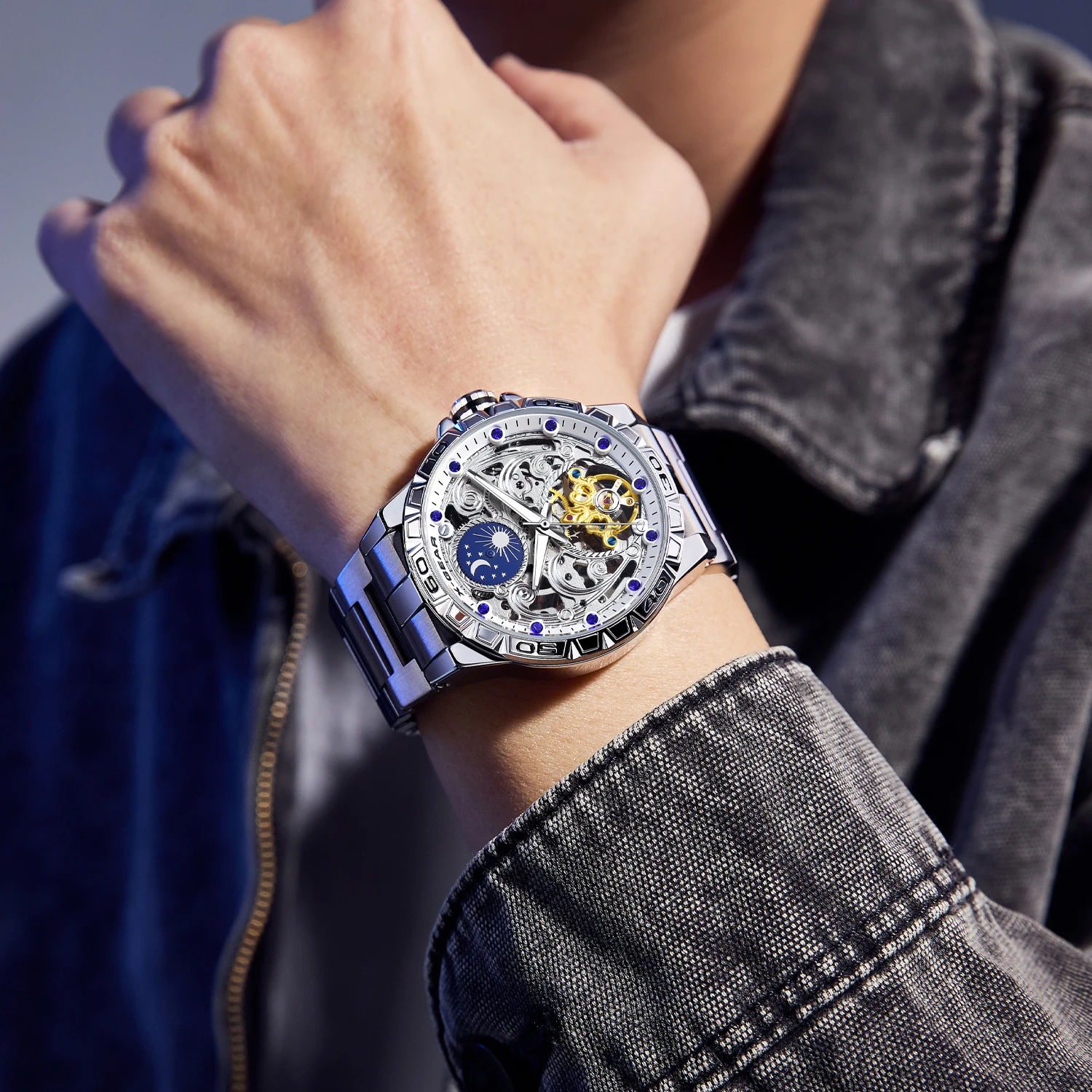 X-GEAR Automatic Movement Mechanical Watches Starry Sky Moon Phase Luminous Waterproof Stainless Steel Mechanical Watch for Men