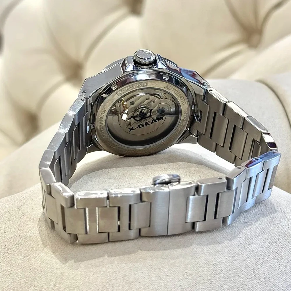 X-GEAR Automatic Movement Mechanical Watches Starry Sky Moon Phase Luminous Waterproof Stainless Steel Mechanical Watch for Men