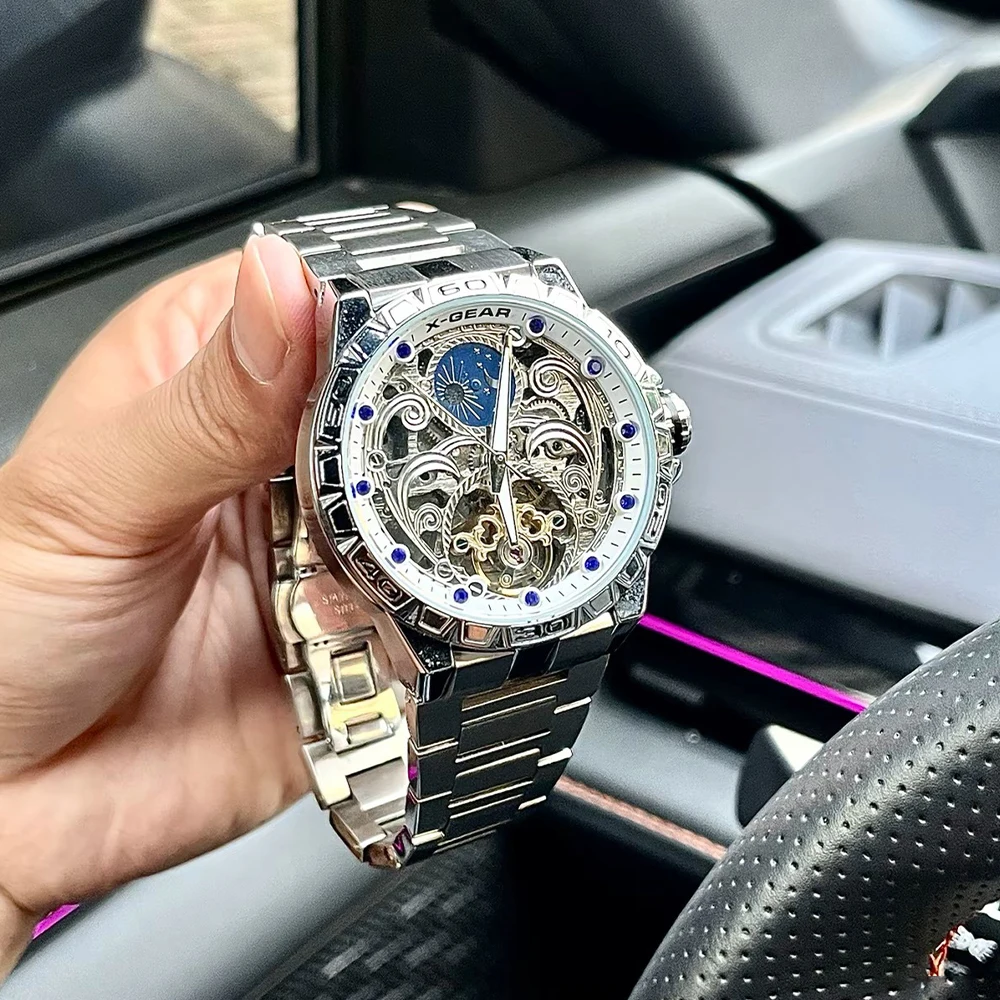 X-GEAR Automatic Movement Mechanical Watches Starry Sky Moon Phase Luminous Waterproof Stainless Steel Mechanical Watch for Men