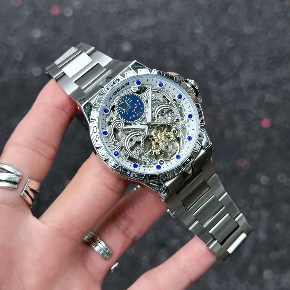 X-GEAR Automatic Movement Mechanical Watches Starry Sky Moon Phase Luminous Waterproof Stainless Steel Mechanical Watch for Men