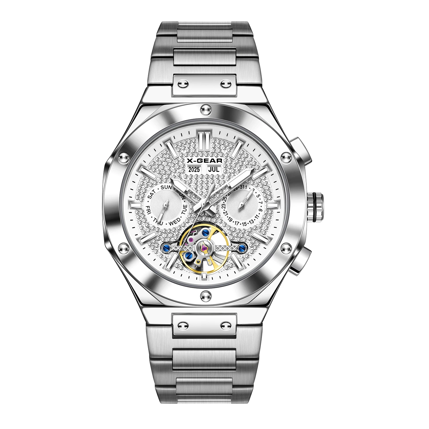 x-gear xg8619 silver automatic tourbillon watch front view