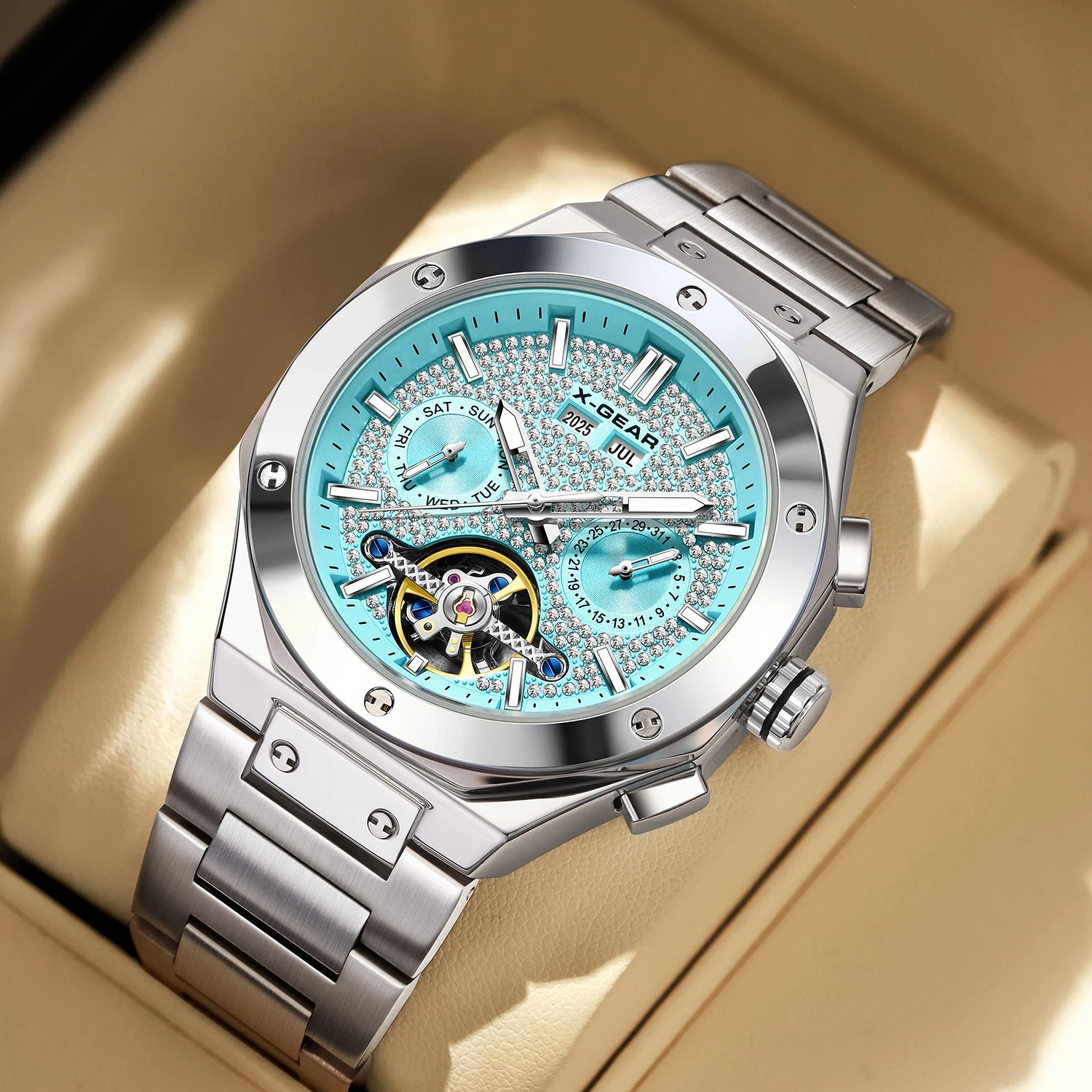 X-GEAR Mens Watch Original Brand Tourbillon Automatic Mechanical Watch Diamond Dial Waterproof Luxury Luminous Watch