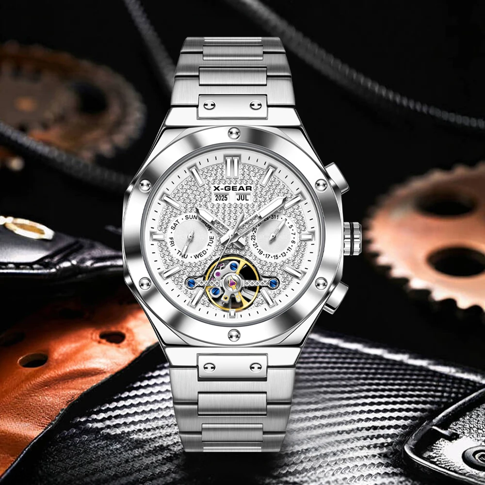 X-GEAR Mens Watch Original Brand Tourbillon Automatic Mechanical Watch Diamond Dial Waterproof Luxury Luminous Watch