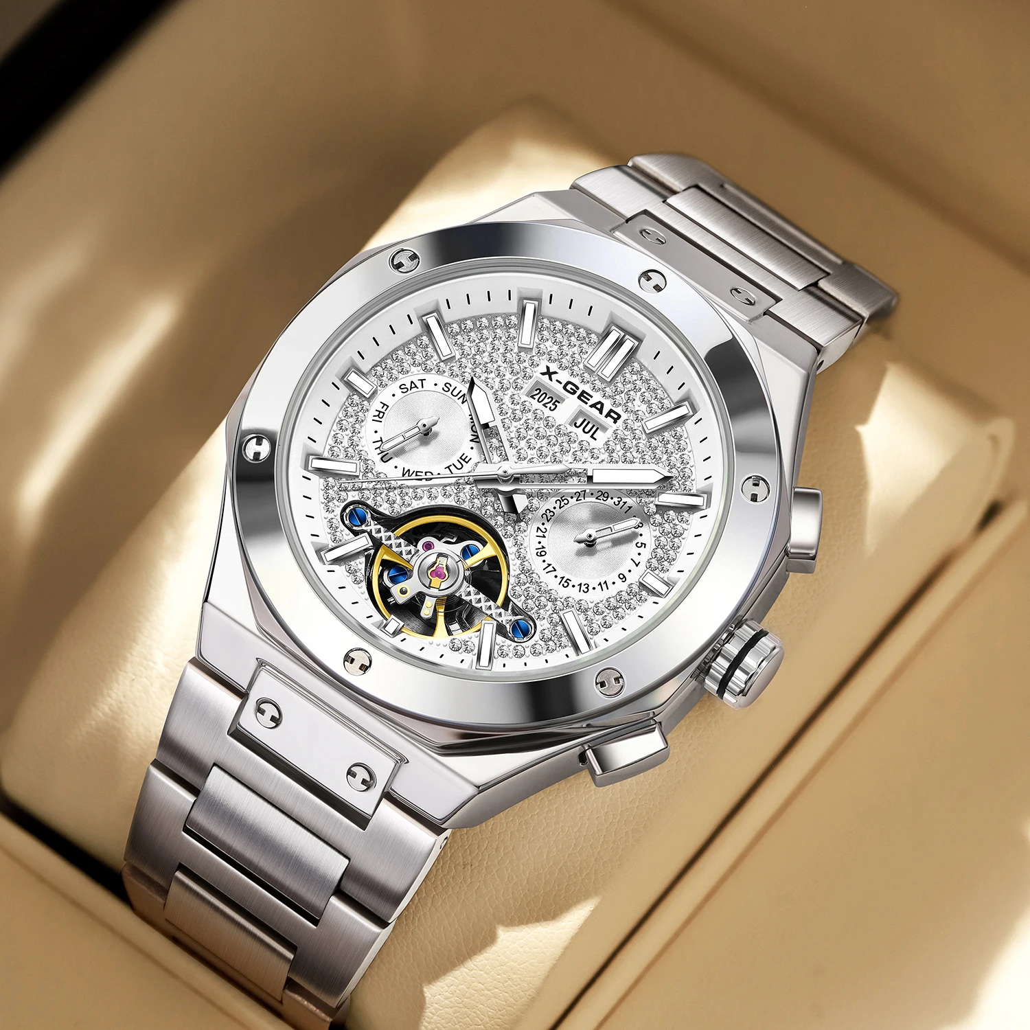 X-GEAR Mens Watch Original Brand Tourbillon Automatic Mechanical Watch Diamond Dial Waterproof Luxury Luminous Watch