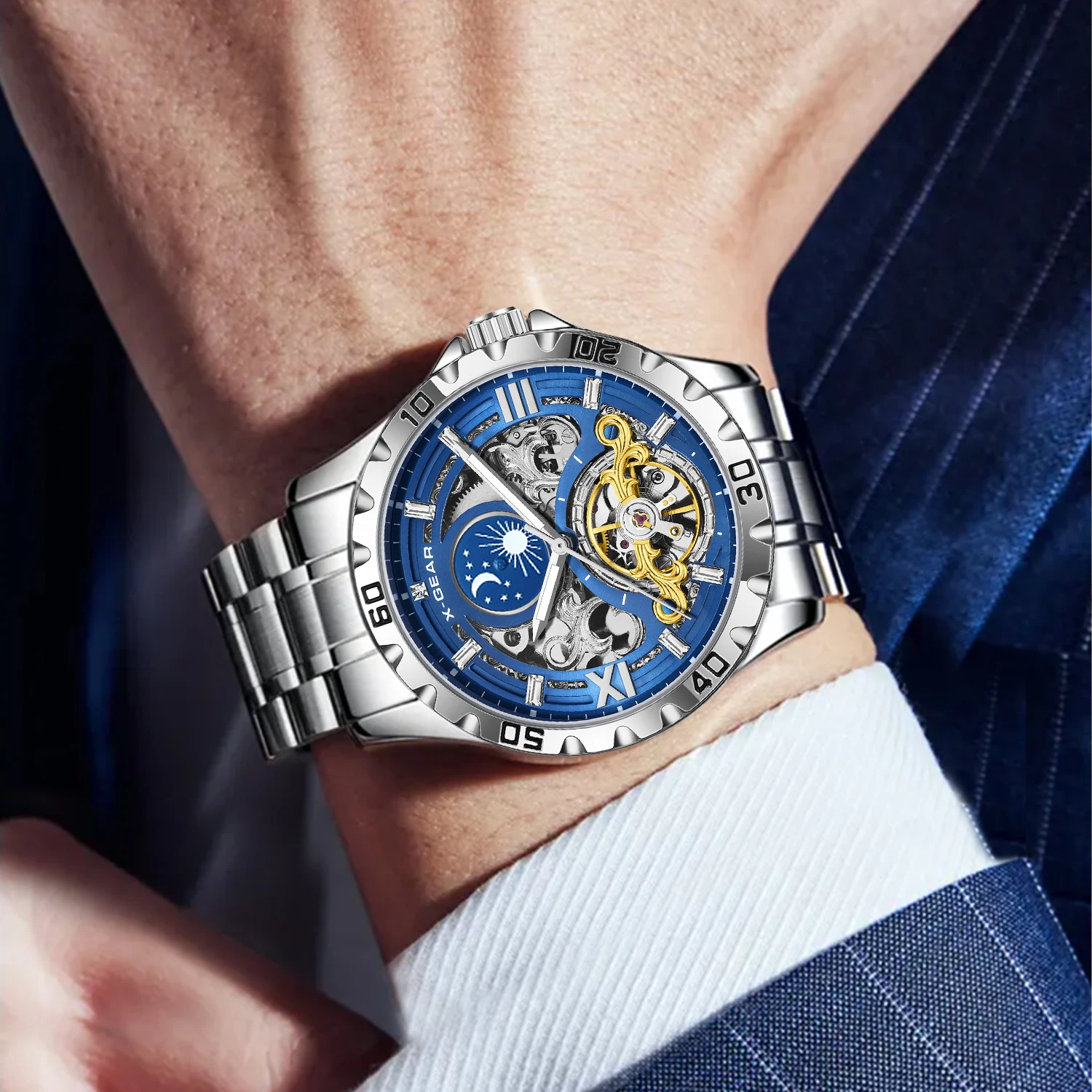 X-GEAR Men's Starry Sky Moon Phase Watch Tourbillon Automatic Mechanical Luminous Stainless Steel Wristwatch