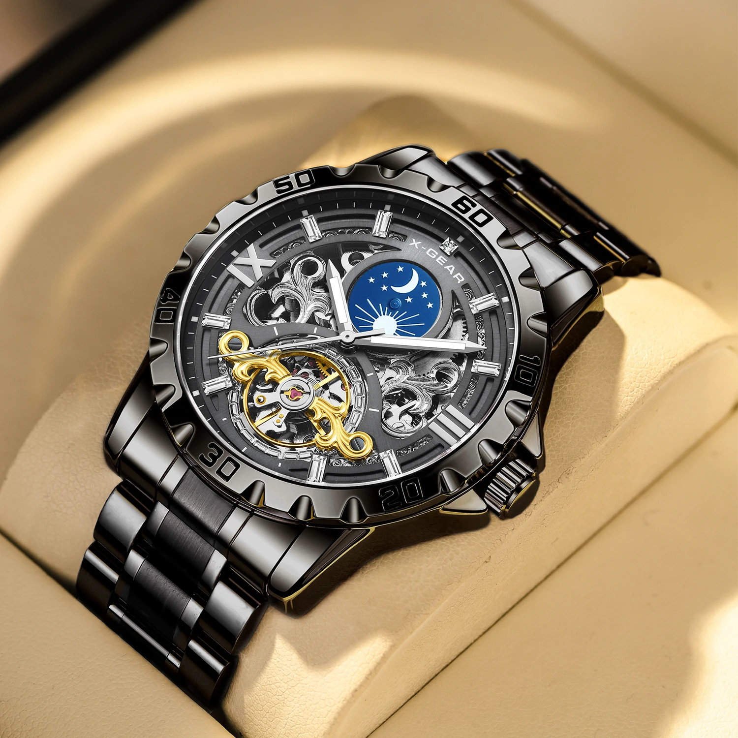 X-GEAR Men's Starry Sky Moon Phase Watch Tourbillon Automatic Mechanical Luminous Stainless Steel Wristwatch