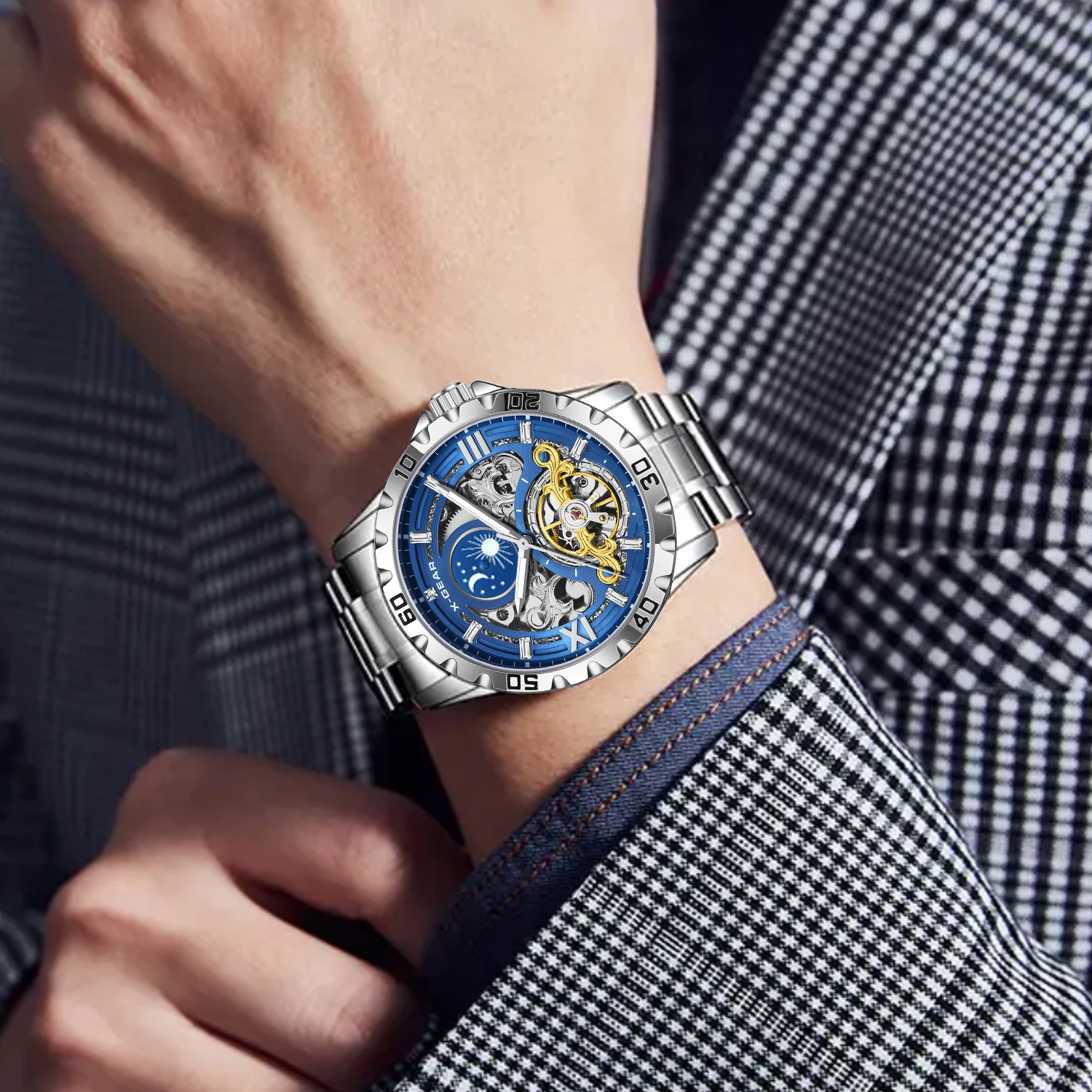 X-GEAR Men's Starry Sky Moon Phase Watch Tourbillon Automatic Mechanical Luminous Stainless Steel Wristwatch