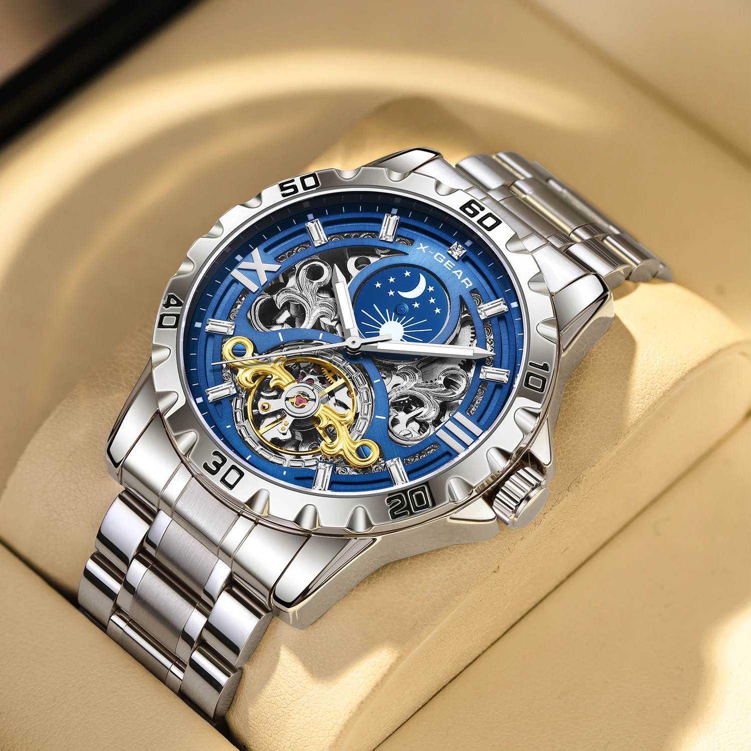 X-GEAR Men's Starry Sky Moon Phase Watch Tourbillon Automatic Mechanical Luminous Stainless Steel Wristwatch