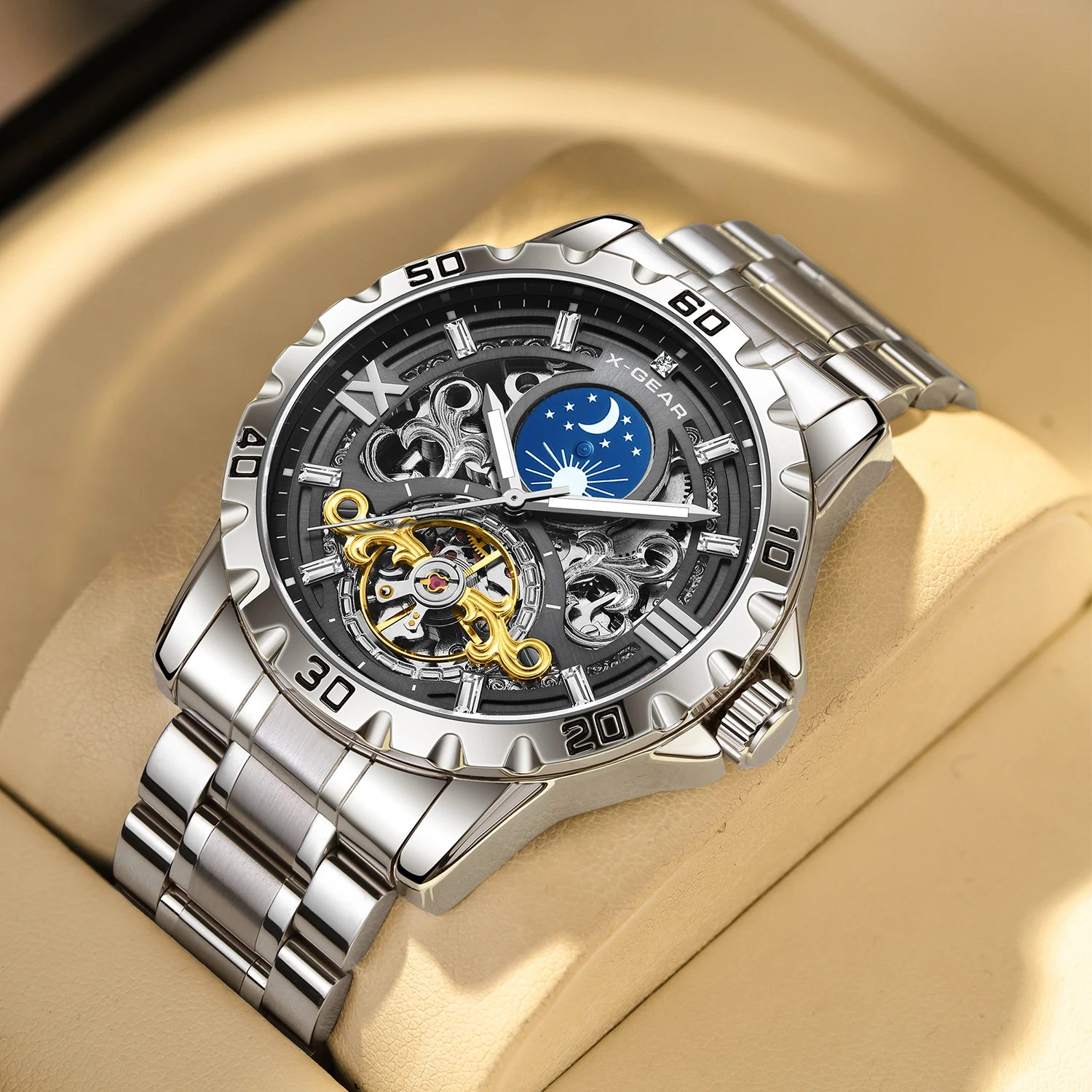 X-GEAR Men's Starry Sky Moon Phase Watch Tourbillon Automatic Mechanical Luminous Stainless Steel Wristwatch