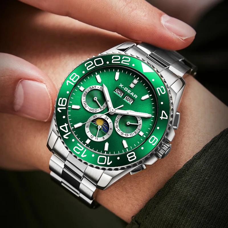 X-GEAR Multifunctional Mens Machinery Watch Luxury Water Night Glow Business Style Stainless Steel Leisure Fashion Wristwatch