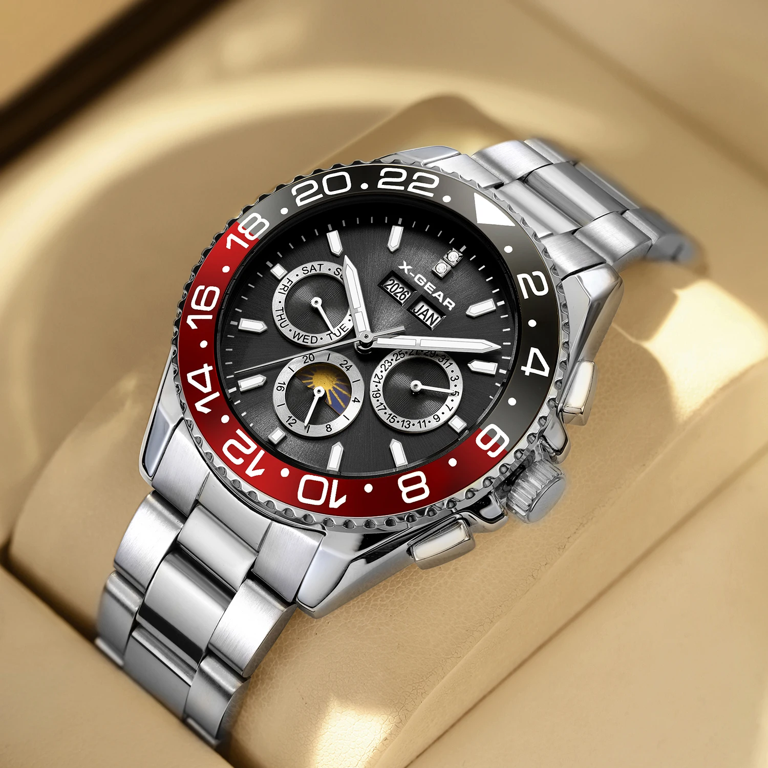X-GEAR Multifunctional Mens Machinery Watch Luxury Water Night Glow Business Style Stainless Steel Leisure Fashion Wristwatch