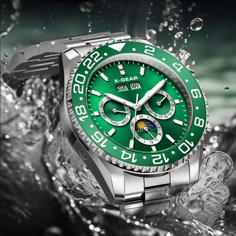 X-GEAR Multifunctional Mens Machinery Watch Luxury Water Night Glow Business Style Stainless Steel Leisure Fashion Wristwatch