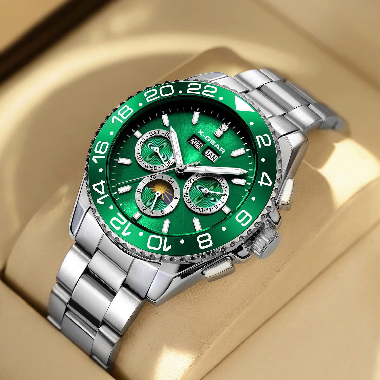 X-GEAR Multifunctional Mens Machinery Watch Luxury Water Night Glow Business Style Stainless Steel Leisure Fashion Wristwatch