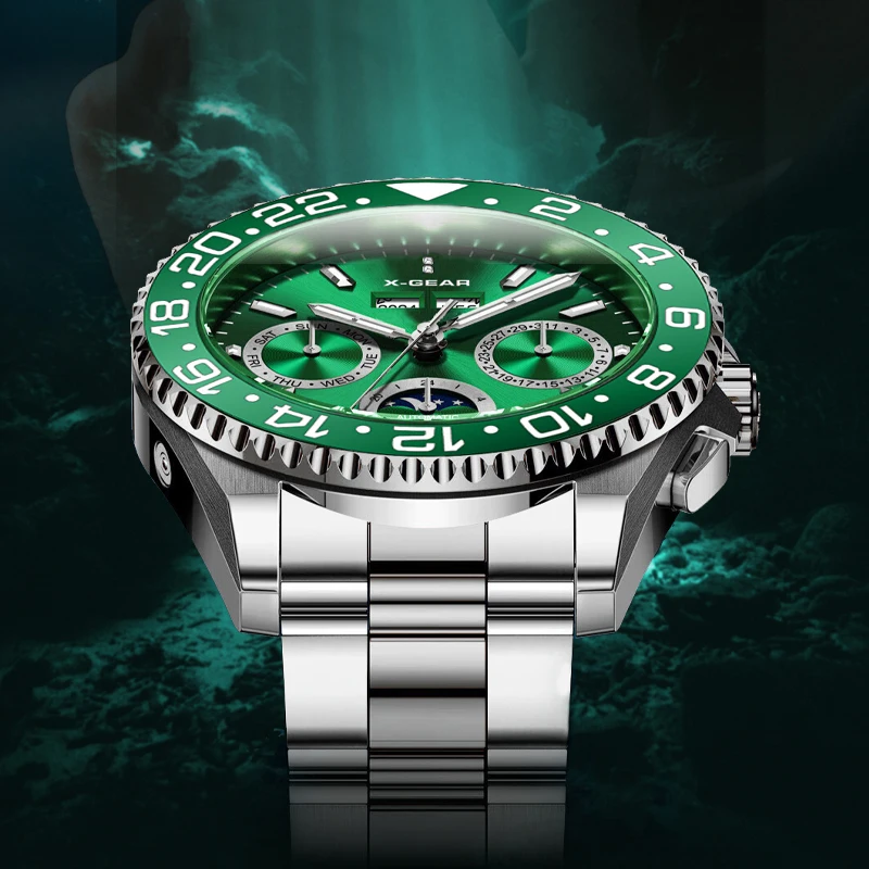 X-GEAR Multifunctional Mens Machinery Watch Luxury Water Night Glow Business Style Stainless Steel Leisure Fashion Wristwatch
