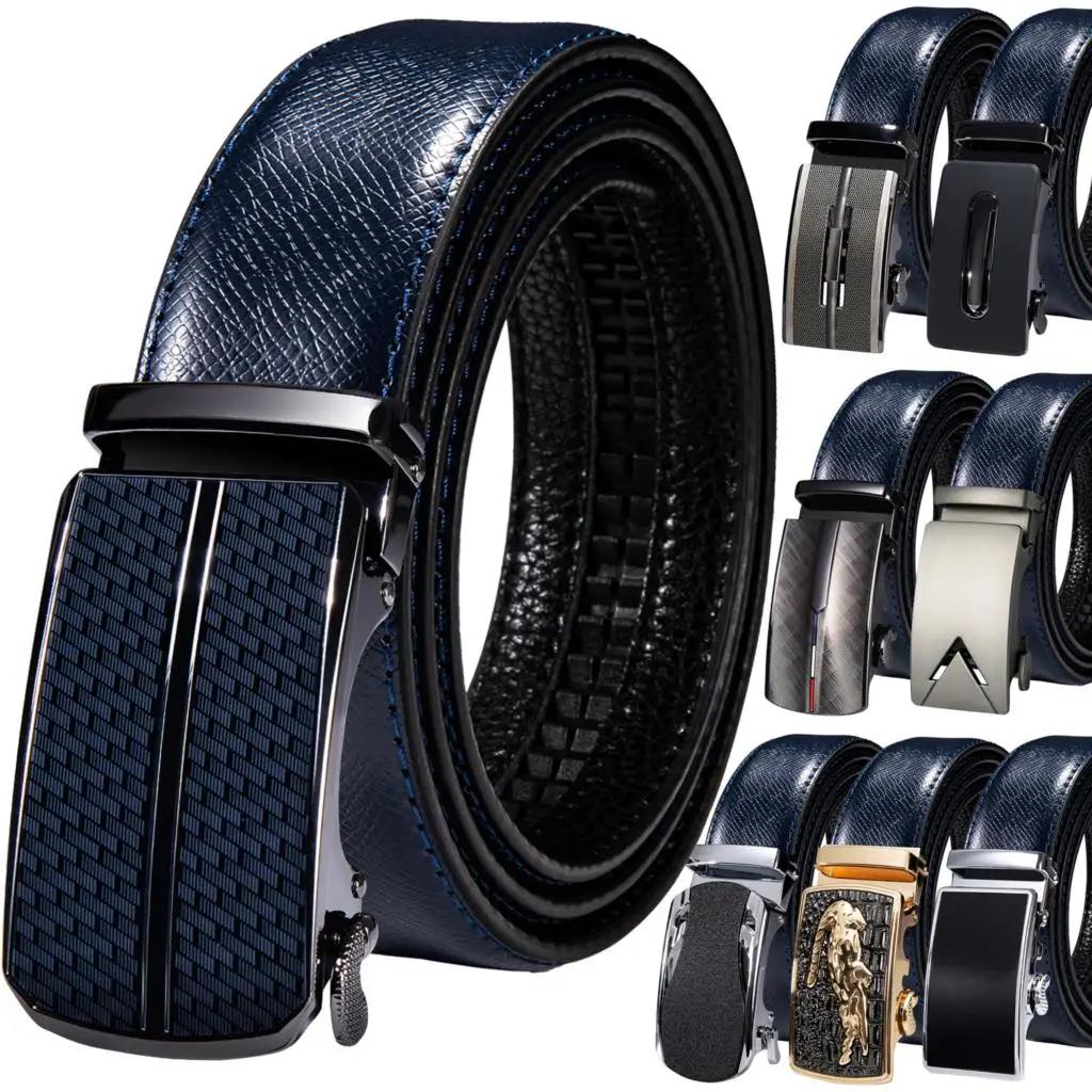 Navy Blue Genuine Leather Ratchet Belt with Automatic Buckle