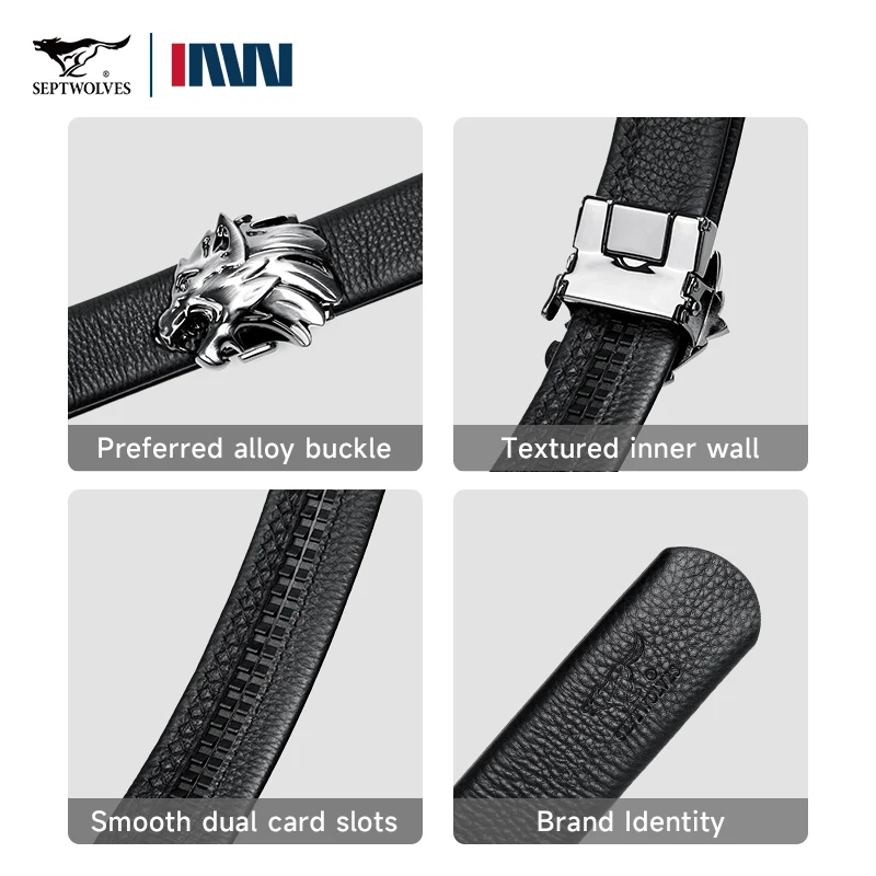 Septwolves Business Men'S Belt Fashion Genuine Leather Belt Zinc Alloy Buckle High-Quality With Box Father's Day Valentine Gift
