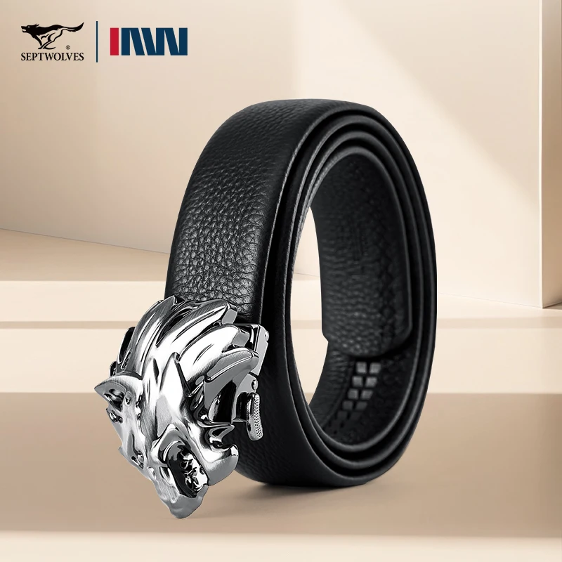 Septwolves Business Men'S Belt Fashion Genuine Leather Belt Zinc Alloy Buckle High-Quality With Box Father's Day Valentine Gift