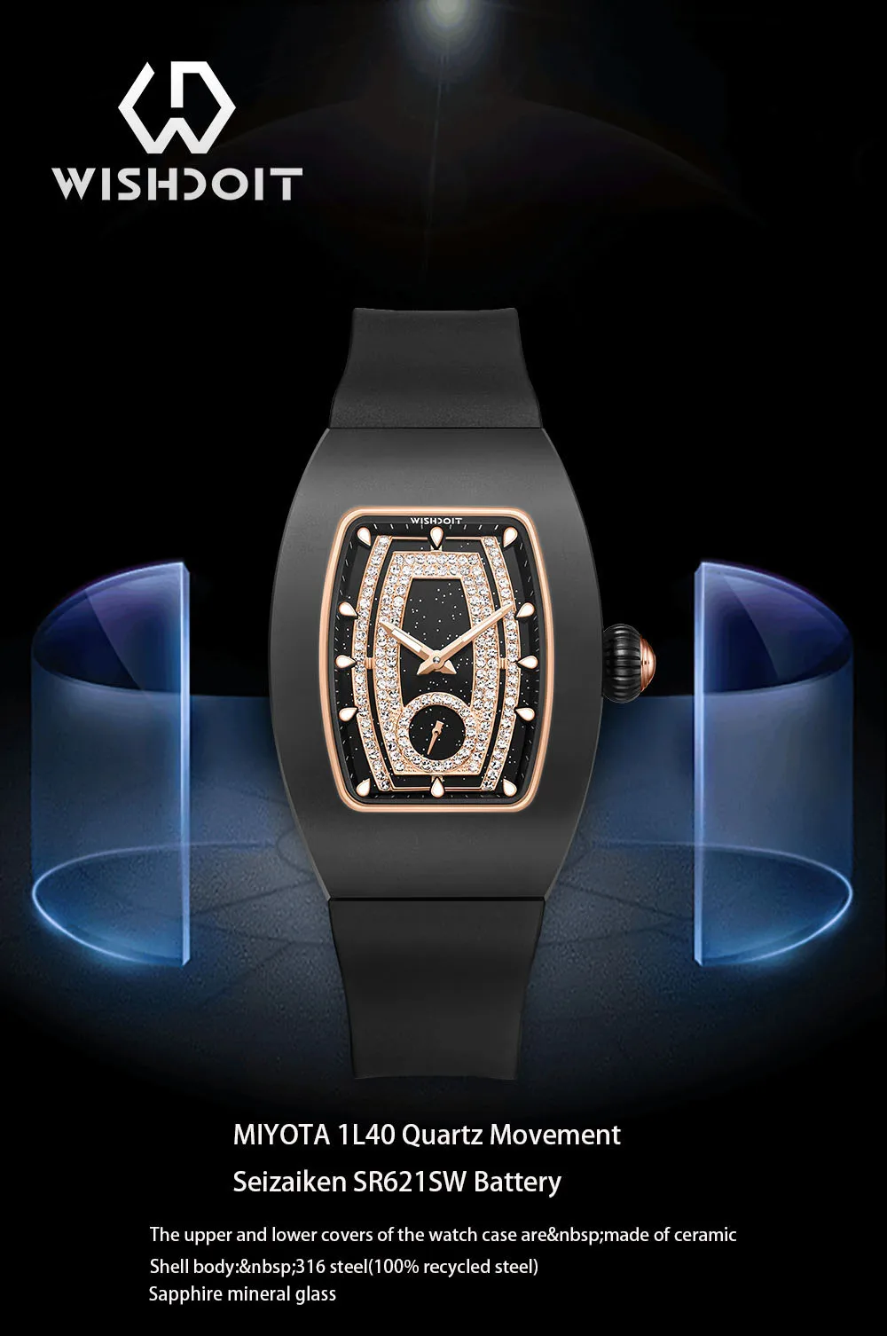 WISHDOIT Ceramic Women's Tonneau Watch Diamond Quartz Watch Ceramic Surface Japanese Movement 5AMT Daily Waterproof Night Light